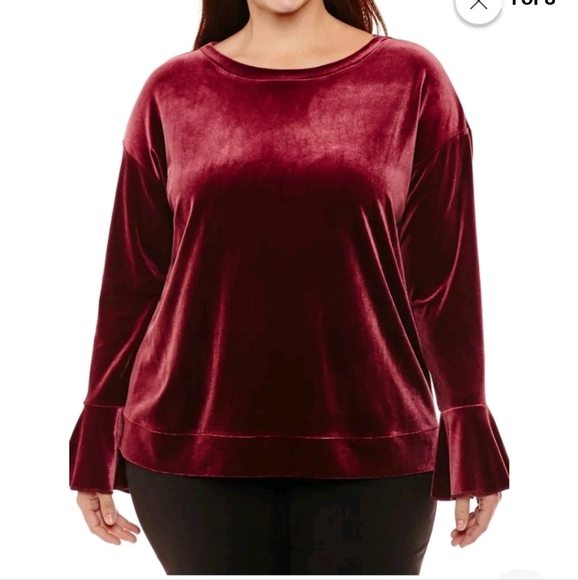 Worthington VELVET BLOUSE MAROON BERRY WOMEN PETITE XXLarge BELL LONG SLEEVE - Picture 1 of 11